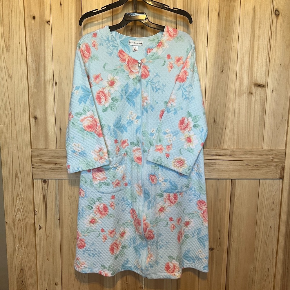 Miss Elaine Quilted Housecoat Small Zip Robe Floral Blue Pink Grannycore Cottage - Picture 8 of 10